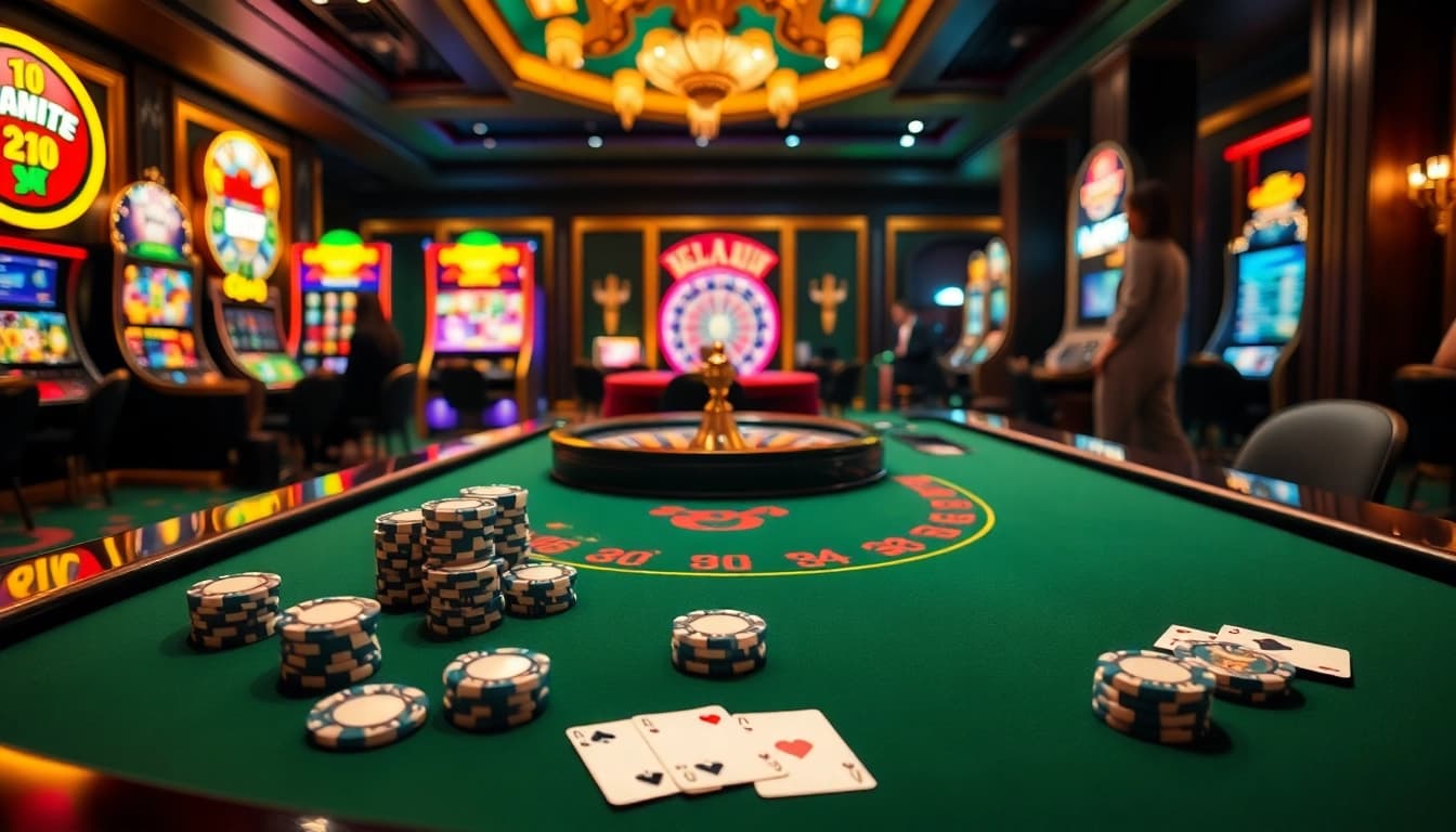 Players engaging with oxplay gaming at a luxurious casino table surrounded by vibrant slot machines.