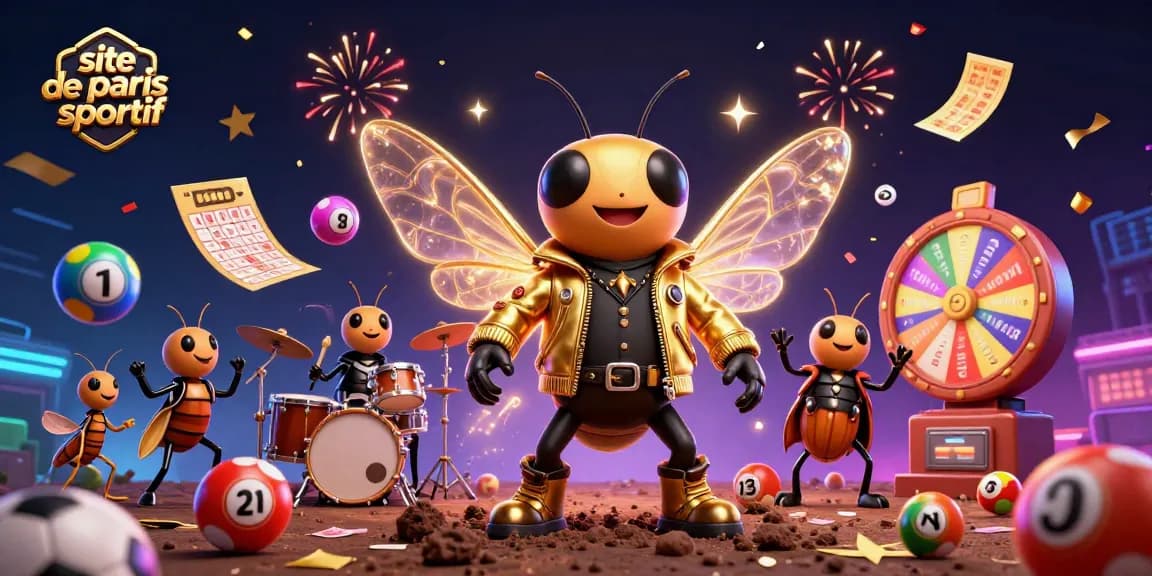 Pariez sur un site de paris sportif avec une illustration dynamique d'une rock star et d'un concert aux éléments ludiques.