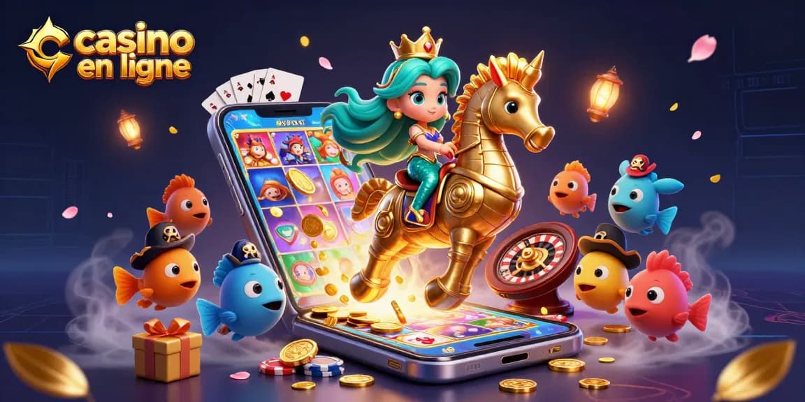 Jouez à des jeux de casino en ligne avec une princesse sirène et un hippocampe doré.