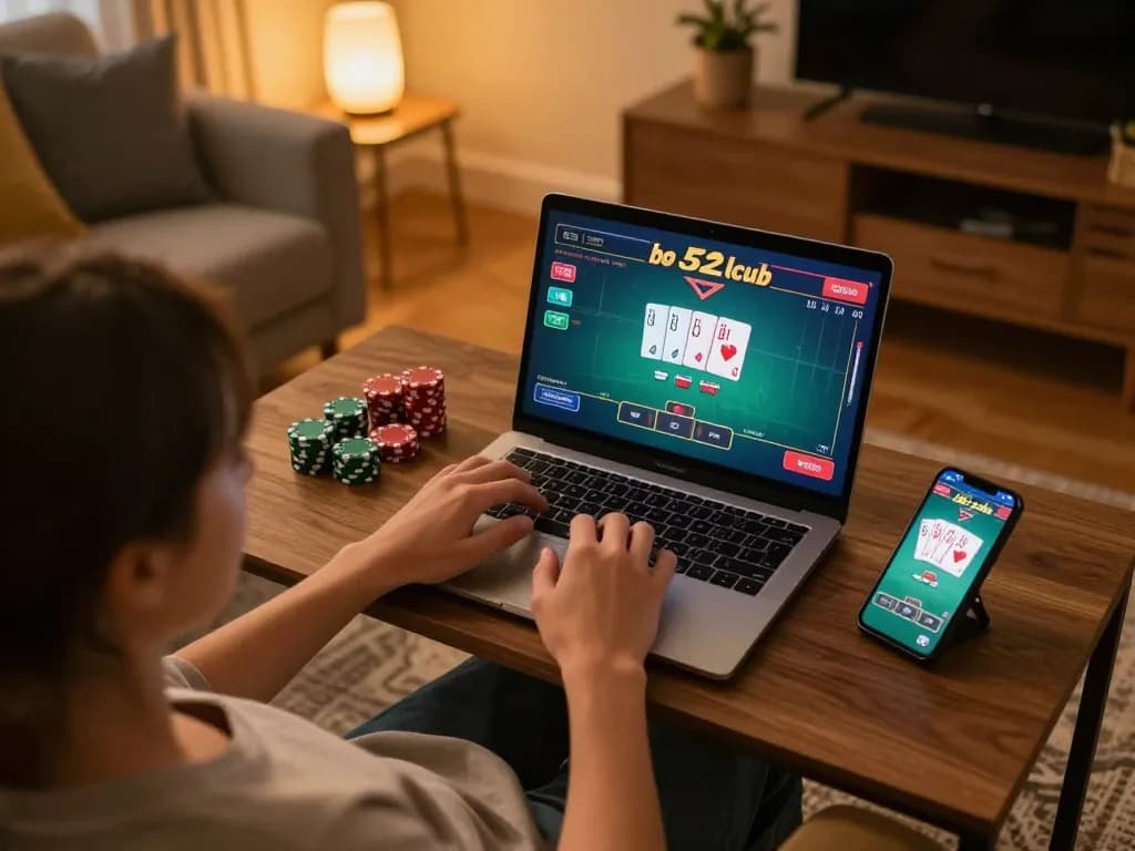 B52 club player engaging in online poker from home setup with laptop and smartphone, strategic gaming in a cozy environment.
