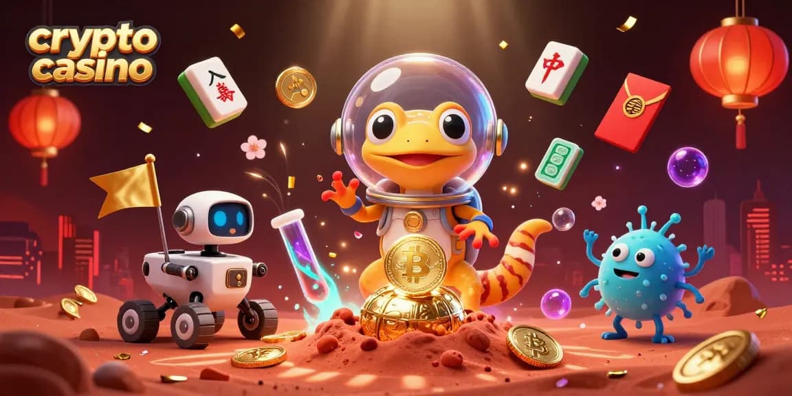 Illustration d'un crypto casino avec un gecko martien explorant un casino d'or sur Mars, entouré de pièces de Bitcoin.