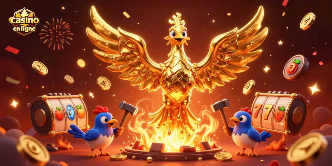 Illustration dynamique d'un phoenix doré représentant un casino en ligne, avec machines à sous et feux d'artifice.