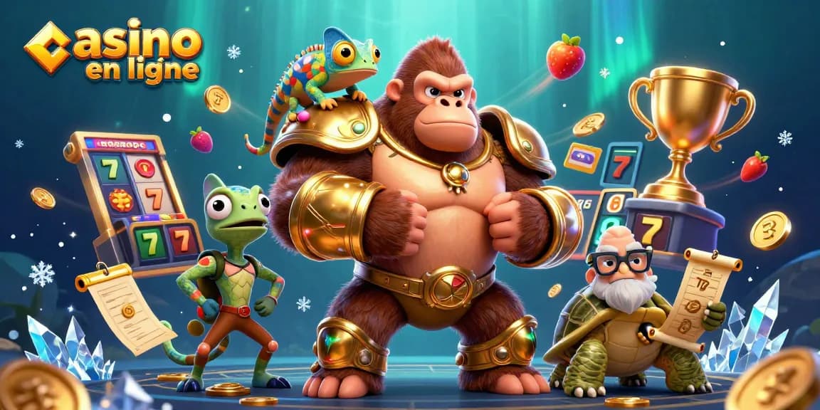 Développez vos stratégies de casino en ligne avec un roi gorille, un caméléon, et un sage dans un environnement de jeu animé.