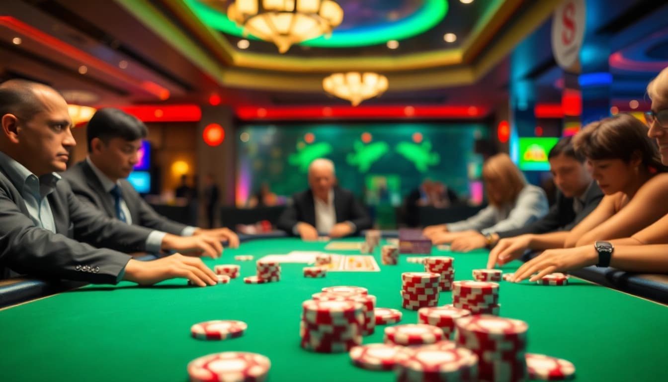 Experience the thrill of gaming at 8win with an exciting casino scene full of players and poker chips.