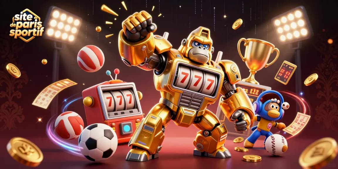 Apprenez à parier sur un site de paris sportif avec un gorille mech doré dynamique et des éléments sportifs.