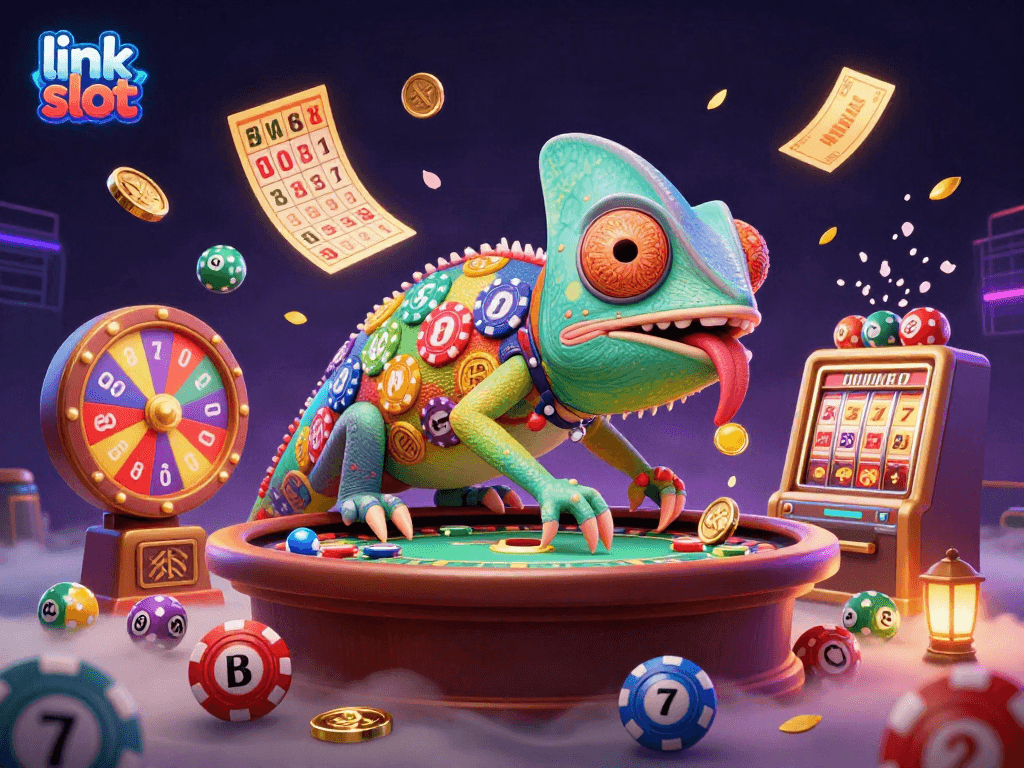 Engage in thrilling action as the link slot chameleon owner captures golden coins in an electrifying casino scene.
