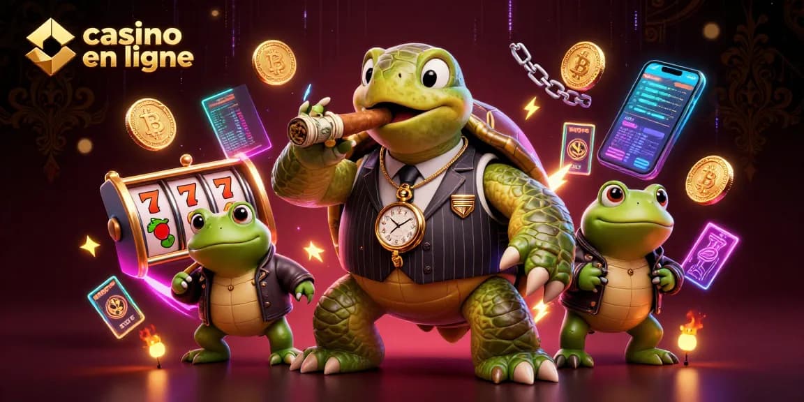 Jouez au casino en ligne avec un majestueux turtle en costume entouré de personnages amusants.