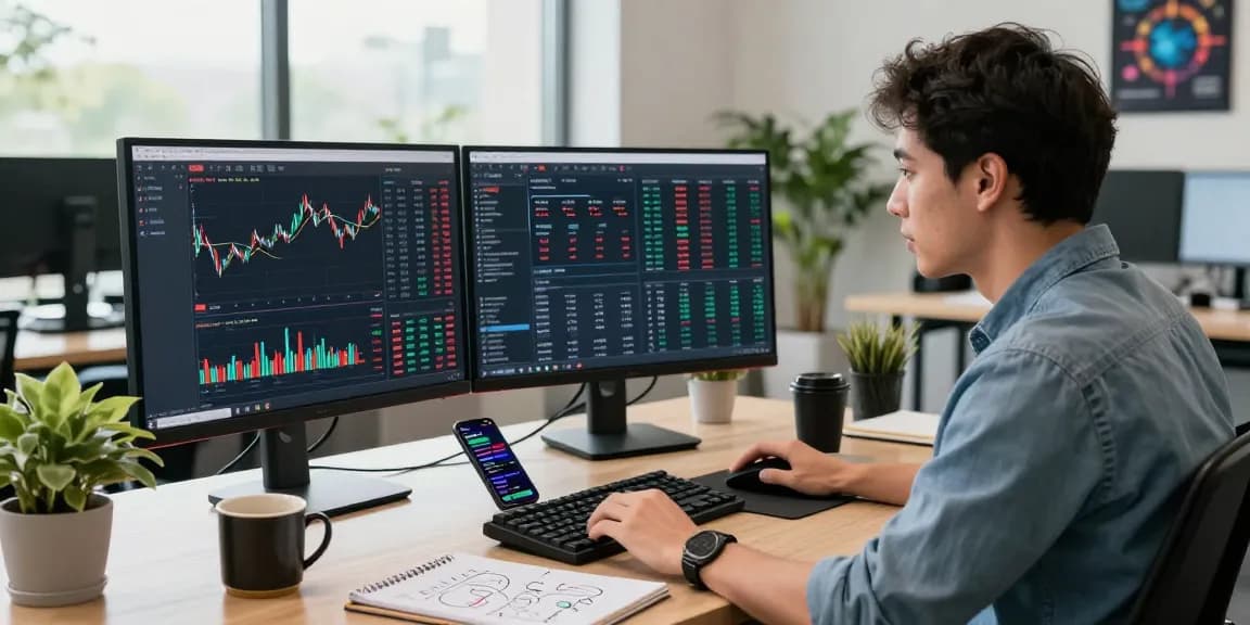 Capture of a developer using a US stock real-time API for analysis in a modern office setup with dual monitors and tech accessories.