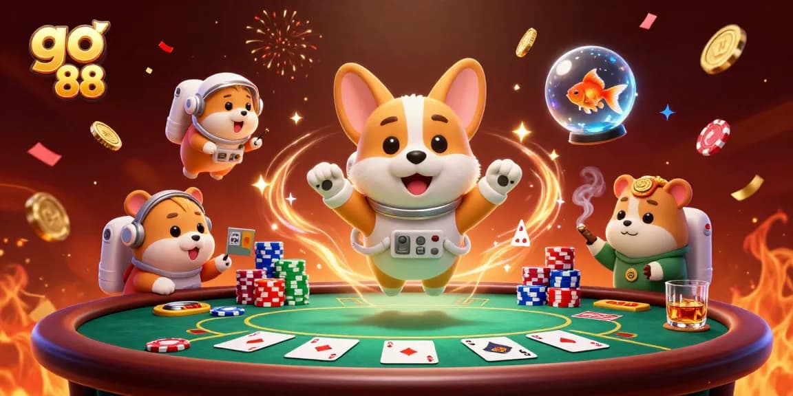 Experience the thrill of go 88 with a vibrant illustration of a corgi astronaut in a floating casino.