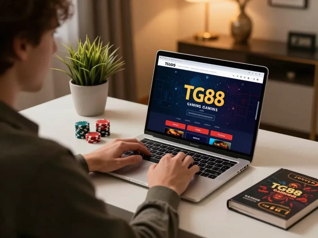 Player engaging with the TG88 online casino on a laptop, showcasing vibrant gaming experience.