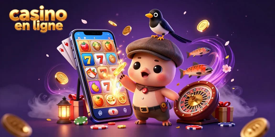Une illustration dynamique représentant une scène de casino en ligne avec des personnages animés et des symboles de jeu.