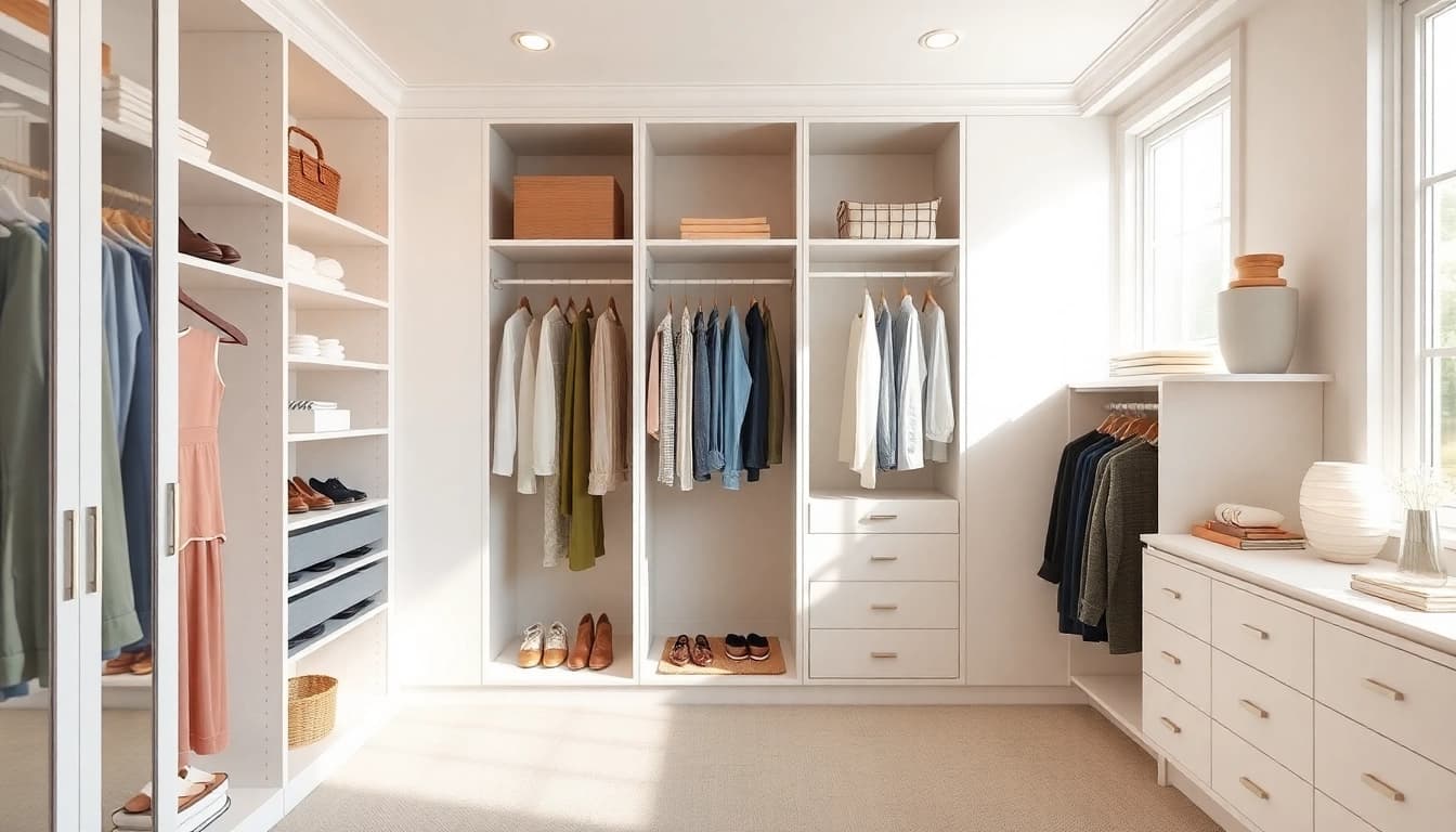 Closets designed for efficiency showcase innovative shelving and storage solutions for tidy organization.