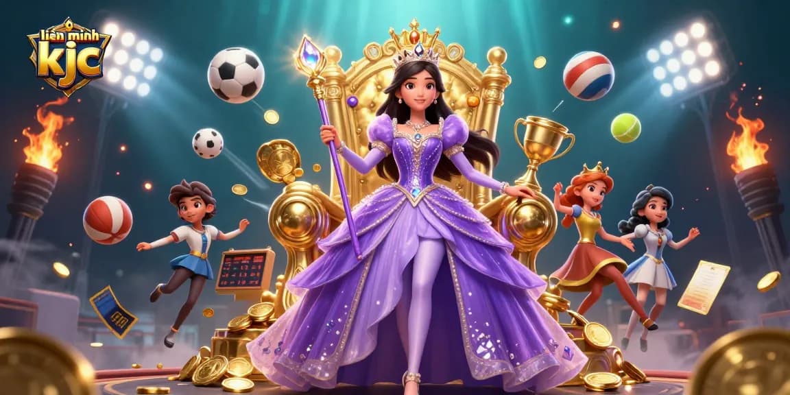 Experience the vibrant scene of liên minh kjc with a glamorous princess, dazzling trophies, and dynamic sports elements.