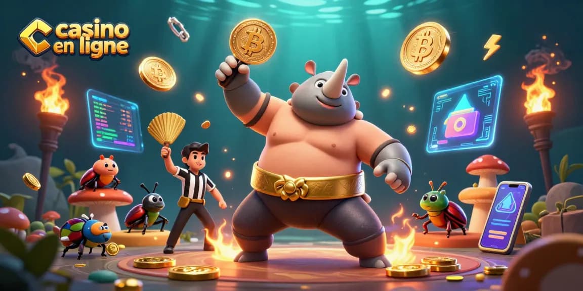 Visualisez un combat palpitant pour un casino en ligne avec un rhinocéros scarabée, des pièces dorées s'envolant.