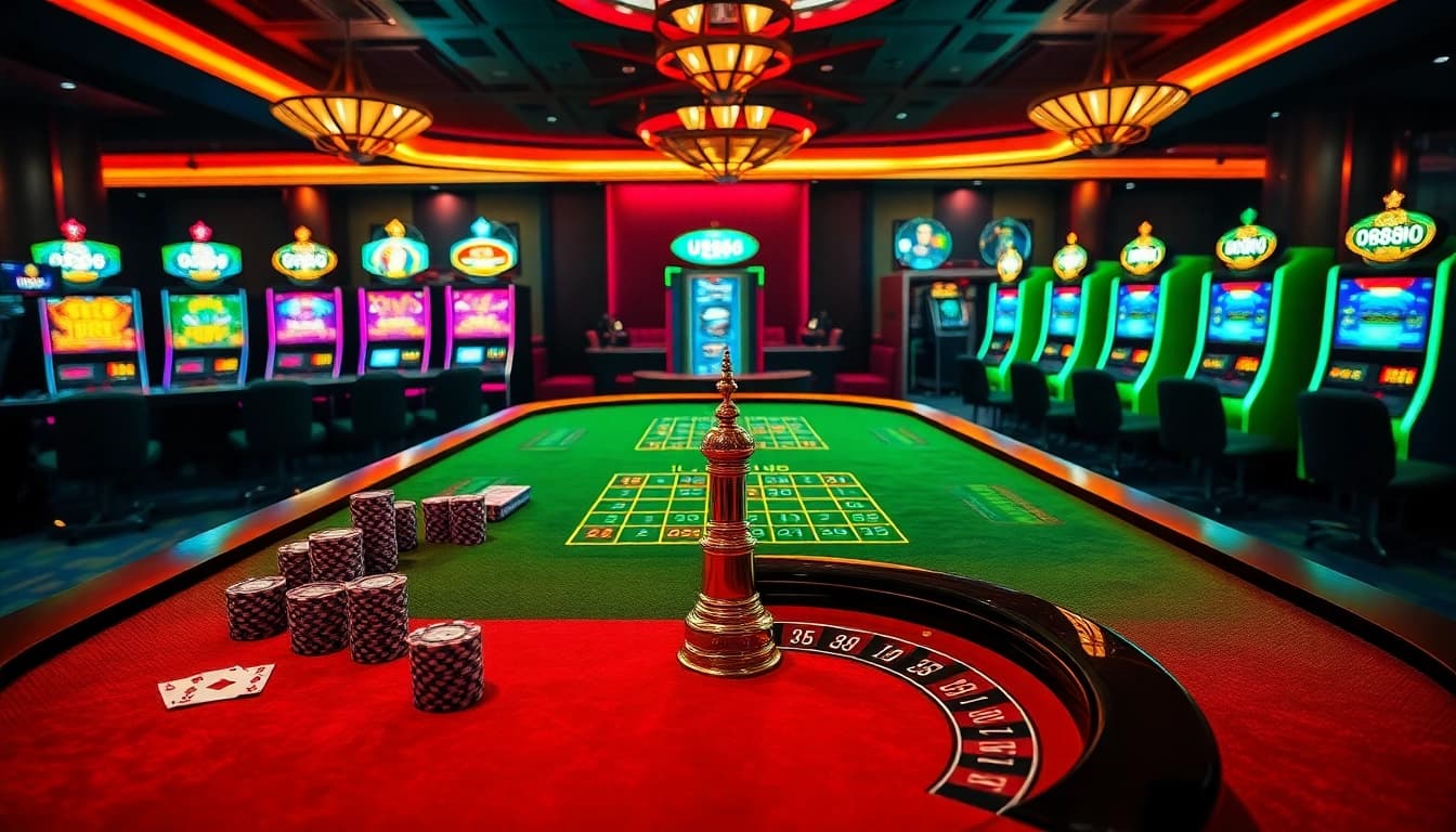 Engage with U8888 at a luxurious casino setting featuring vibrant slot machines and a bustling gaming table.