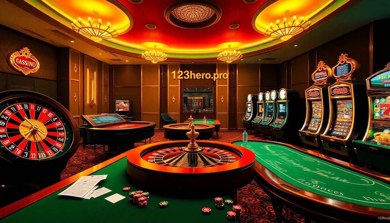 Engaging online casino scene featuring 123hero.pro with roulette and poker tables, reflecting high-stakes excitement.