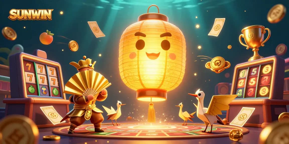 SUNWIN jackpot gaming scene featuring golden lantern spirit, warriors, and dynamic casino elements.
