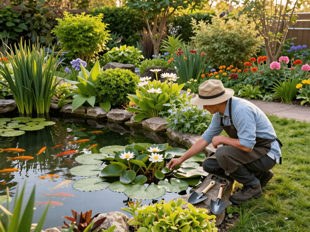 Vibrant British pond plants being tended to in a tranquil garden scene.
