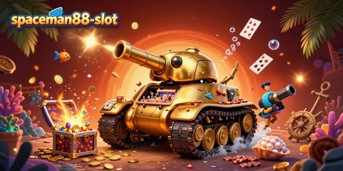 Experience exciting gameplay at spaceman88-slot with a vibrant 3D casino inside a golden beetle tank, featuring electrifying elements.