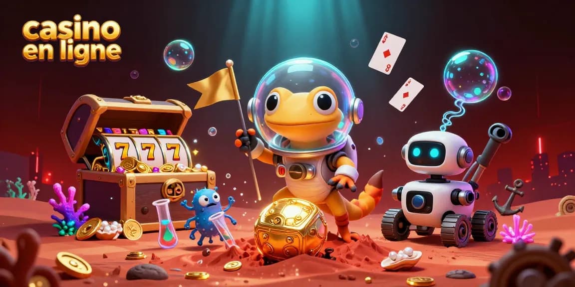 Illustration 3D d'un gecko Martien explorant un casino en ligne avec des éléments de jeu colorés.