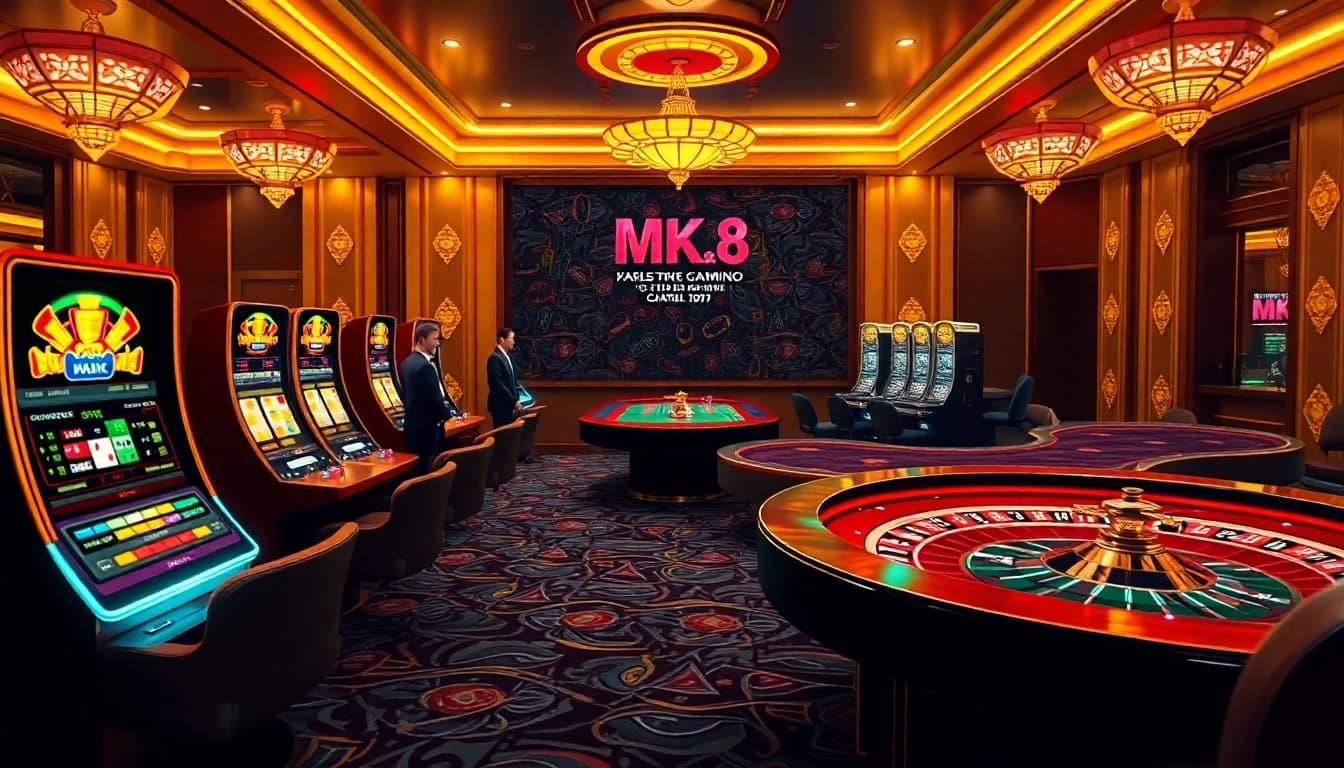 Engage with MK8's thrilling gaming action at a luxurious online casino with vibrant slot machines and poker tables.