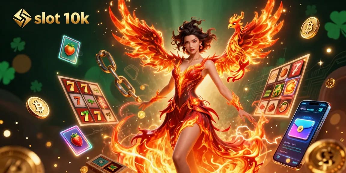 Experience the excitement of slot 10k with vibrant symbols, a fiery phoenix, and crypto coins.