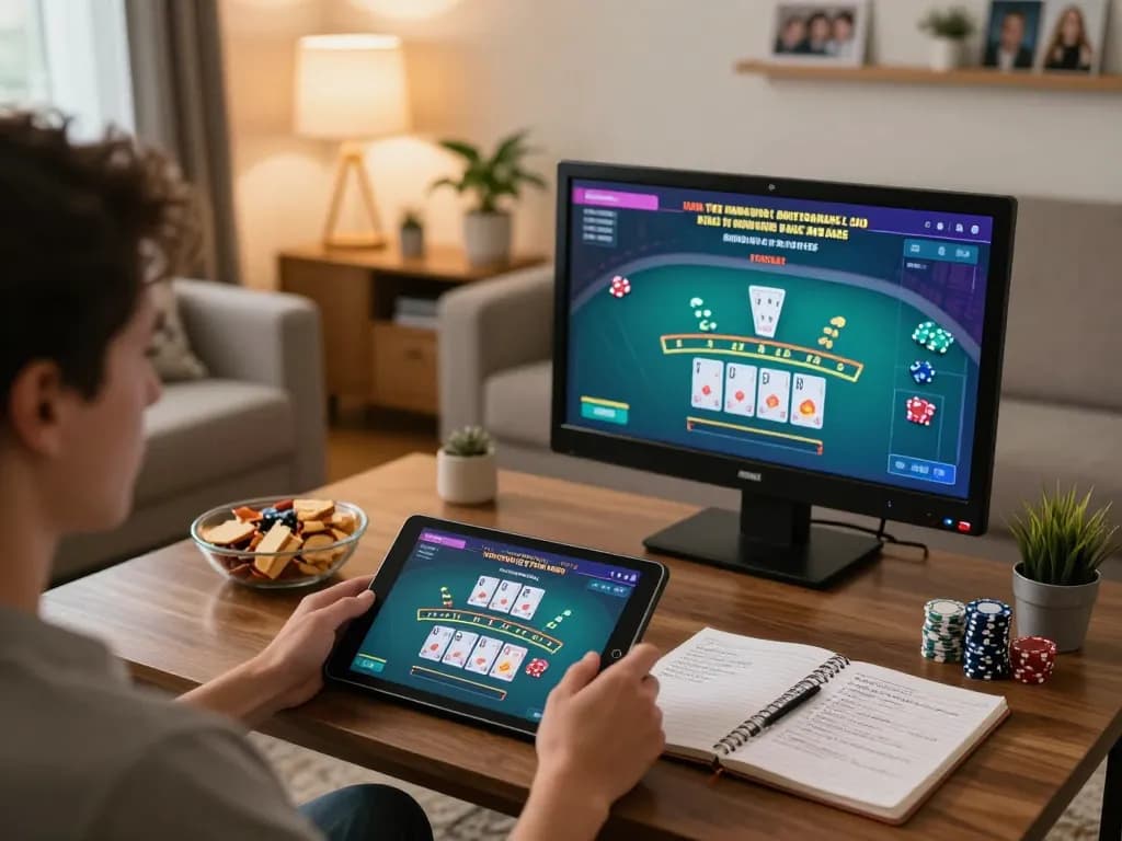 Engaging scene showing king33 online gambling at home with live dealer blackjack on tablet
