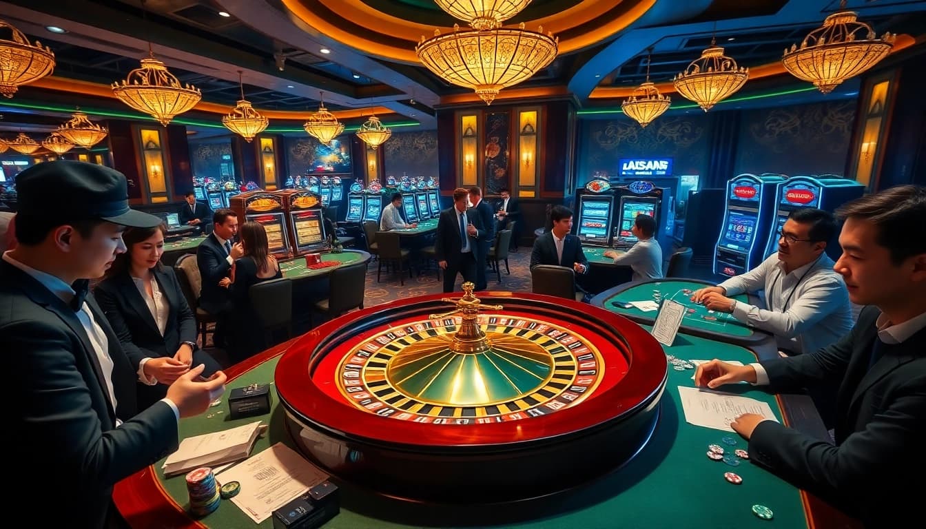 Gambling scene showcasing Nhà Cái Uy Tín with poker chips, roulette wheel, and vibrant players.