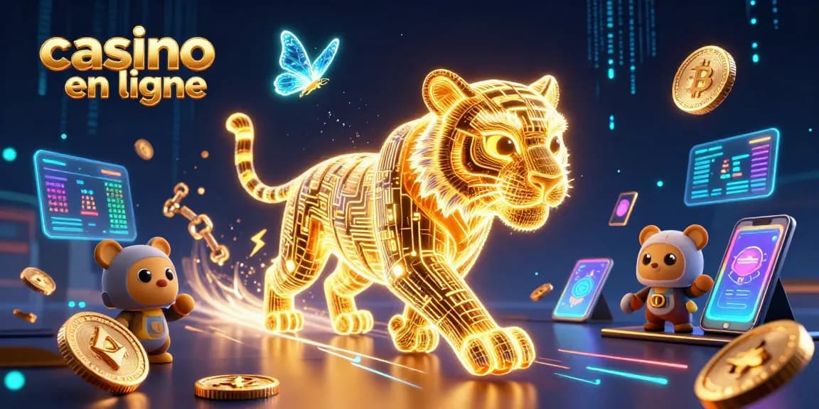 Découvrez le monde du casino en ligne avec ce tigre d’énergie lumineuse et des pièces de cryptomonnaie.