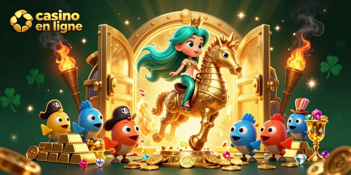 Explorez un casino en ligne avec une princesse sirène et des poissons colorés. Profitez des trésors en or !