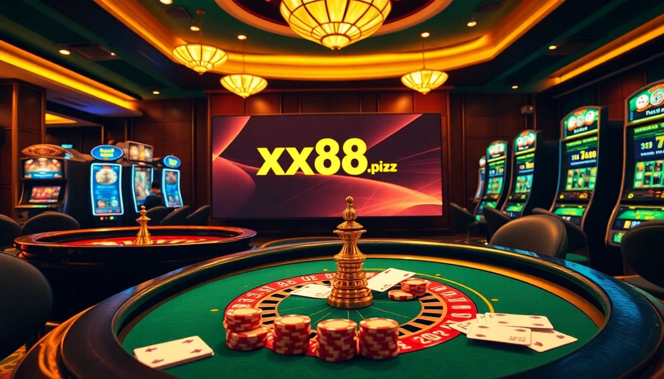 A high-excitement gaming scene featuring online gambling elements at https://xx88.pizza/ with poker chips and an illuminated roulette wheel.
