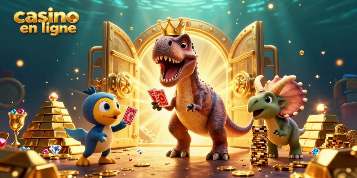 Jouez sur un casino en ligne avec un T-Rex mignon distribuant des cartes et un tricératops empilant des jetons dorés.