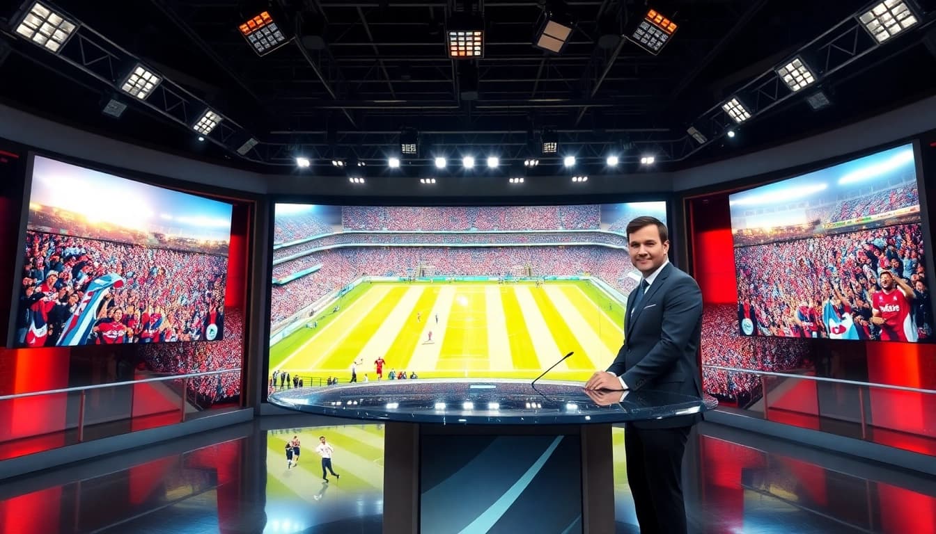 Engaging anchor in a vibrant sports broadcasting studio during live sports broadcasting.