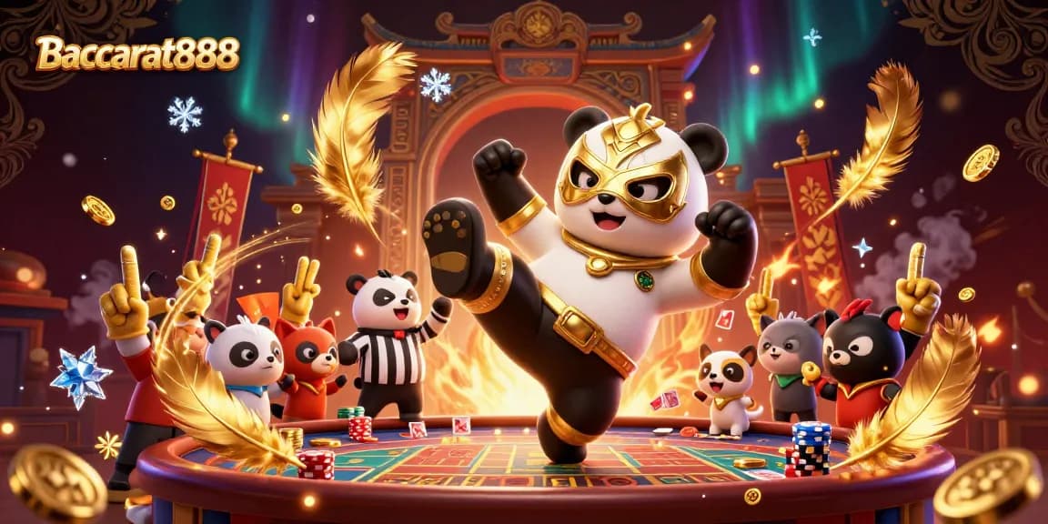 Baccarat888 showcases an exciting gaming scene with a panda wrestler kicking, a chihuahua referee, and cheering animal fans.