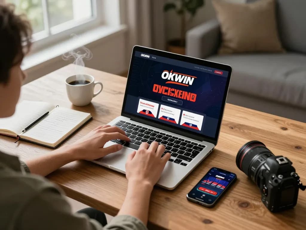 Engaging in online gaming at okwin with laptop setup while sipping coffee and noting strategies.