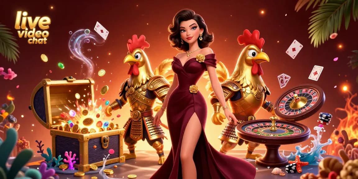 Engage in live video chat with vibrant characters amid rich casino elements including roulette and playing cards.