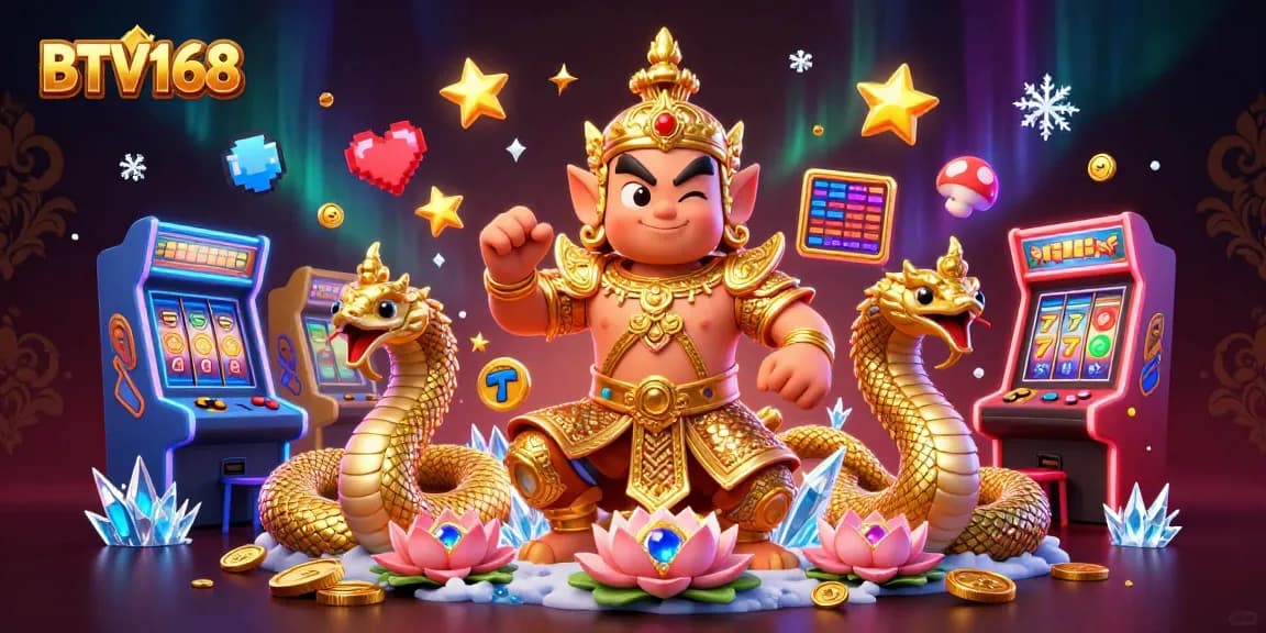 BTV168 showcases a vibrant 3D casino-themed illustration featuring a guardian, Naga companions, and vibrant game elements.