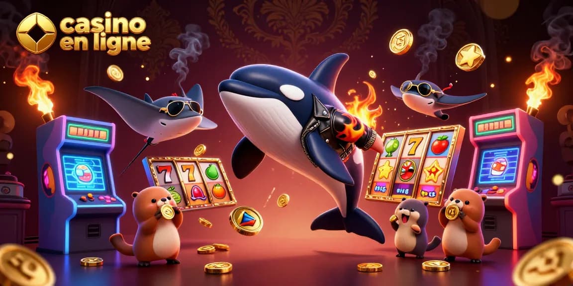 Venez découvrir le monde captivant du casino en ligne avec un orque, une raie et des loutres flottant sur des pièces d'or.