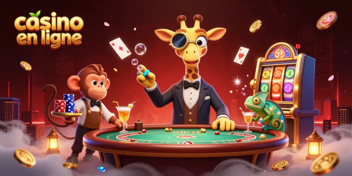 Casino en ligne : illustration dynamique de jeux avec une girafe, un singe et un caméléon.