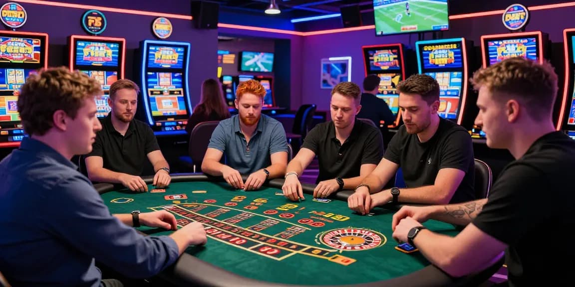 Exciting scene at uk credit card casinos with players enjoying roulette and blackjack games, showcasing vibrant atmosphere and credit card options.