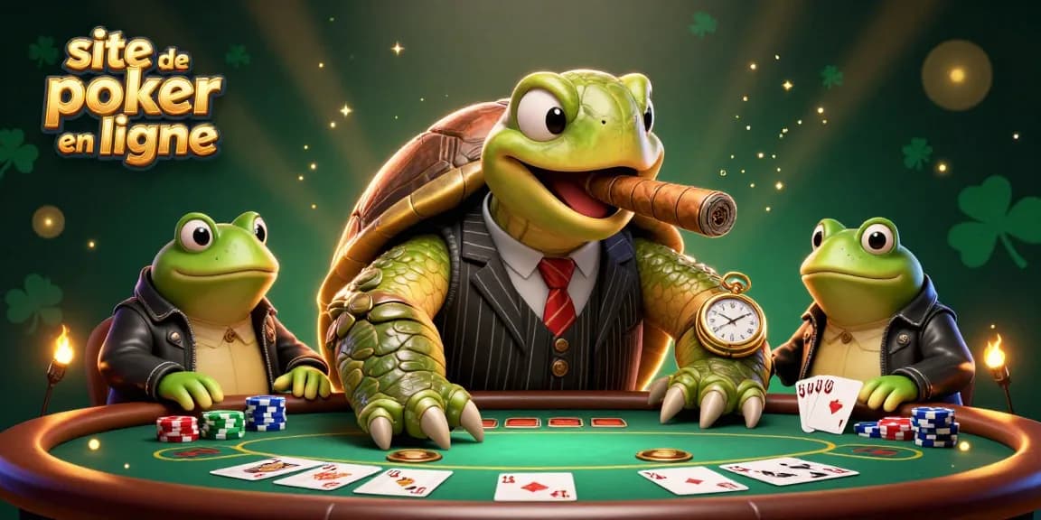 Jouez au poker en ligne sur ce site de poker en ligne avec une tortue en costume et des grenouilles de sécurité.