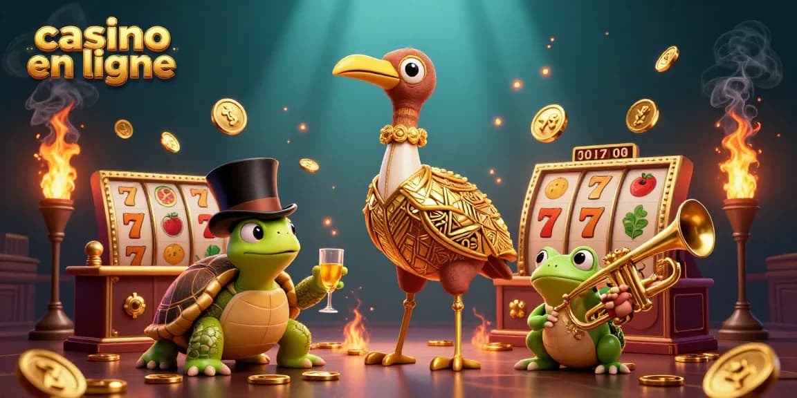 Jouez au casino en ligne avec des symboles de machines à sous et des personnages colorés.