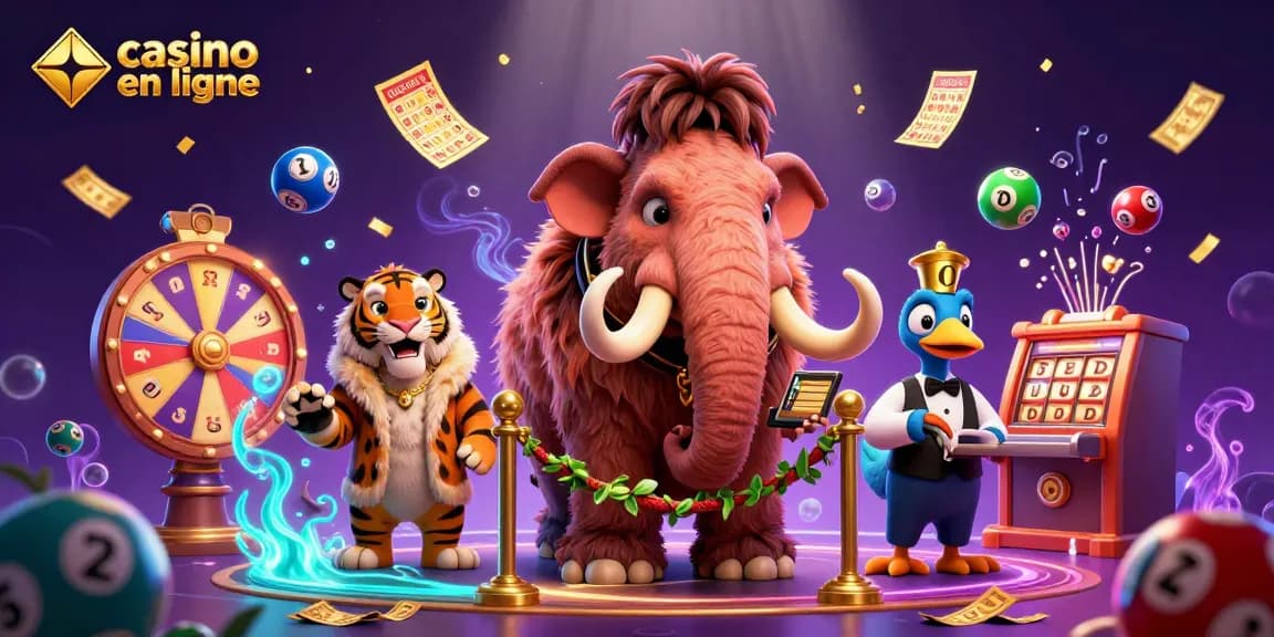 Les personnages de casino en ligne animés invitent à jouer avec des ballons de loterie colorés et un effet de pluie d'argent.