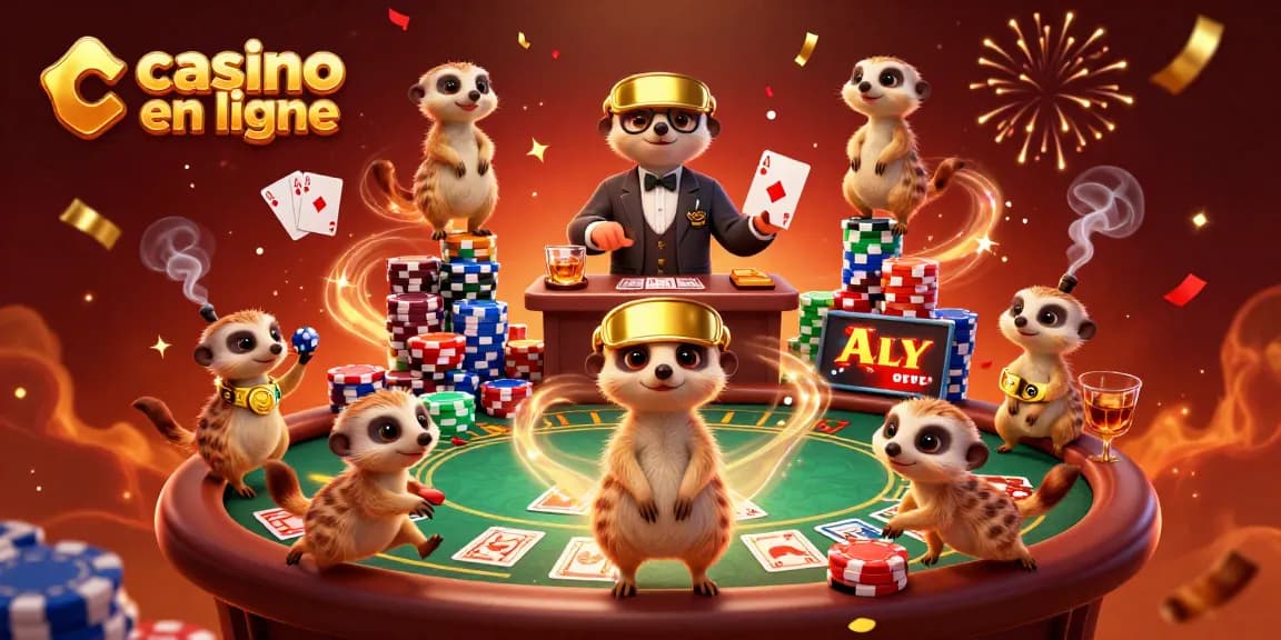 Casino en ligne avec des suricates jouant aux cartes et célébrant des gains.
