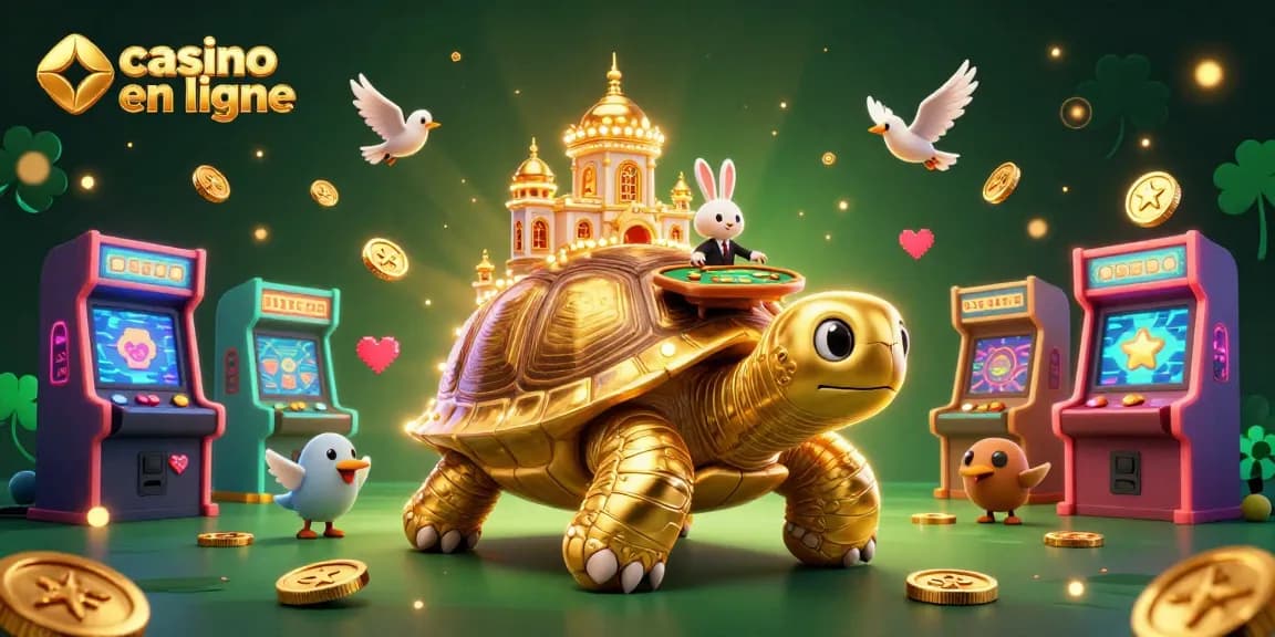 Les oiseaux portent des pièces d'or autour d'une tortue géante avec un casino en ligne sur sa coquille.