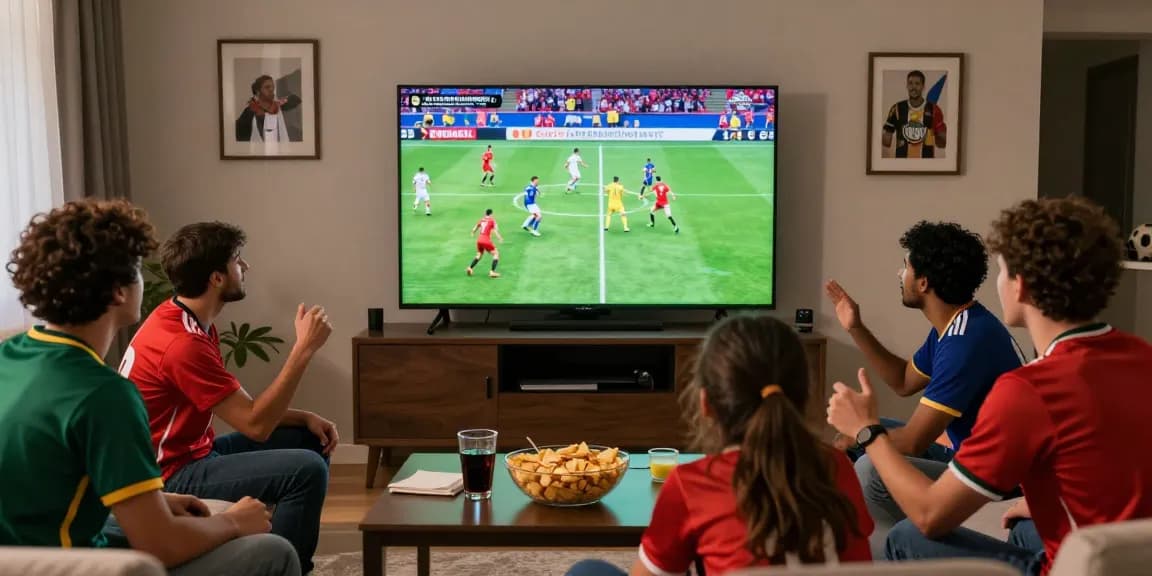 Penggemar sedang menonton live bola di rumah dengan antusiasme tinggi.