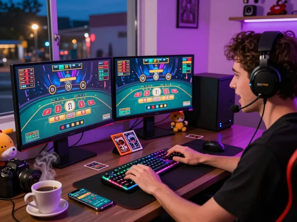 Exciting online baccarat gaming at home with player engaged at dual monitors.