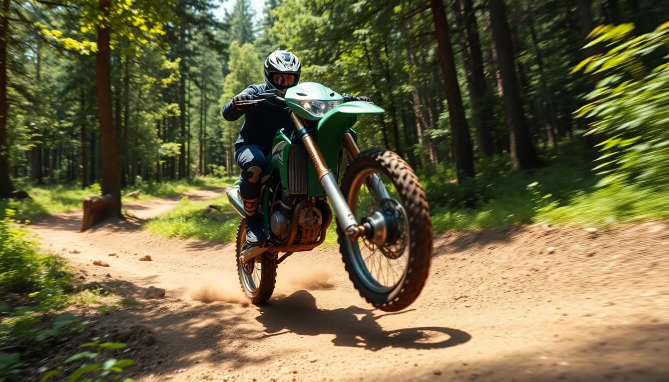 Capture the action of motorbike riding at https://relevance.com.ua through a rugged forest trail.