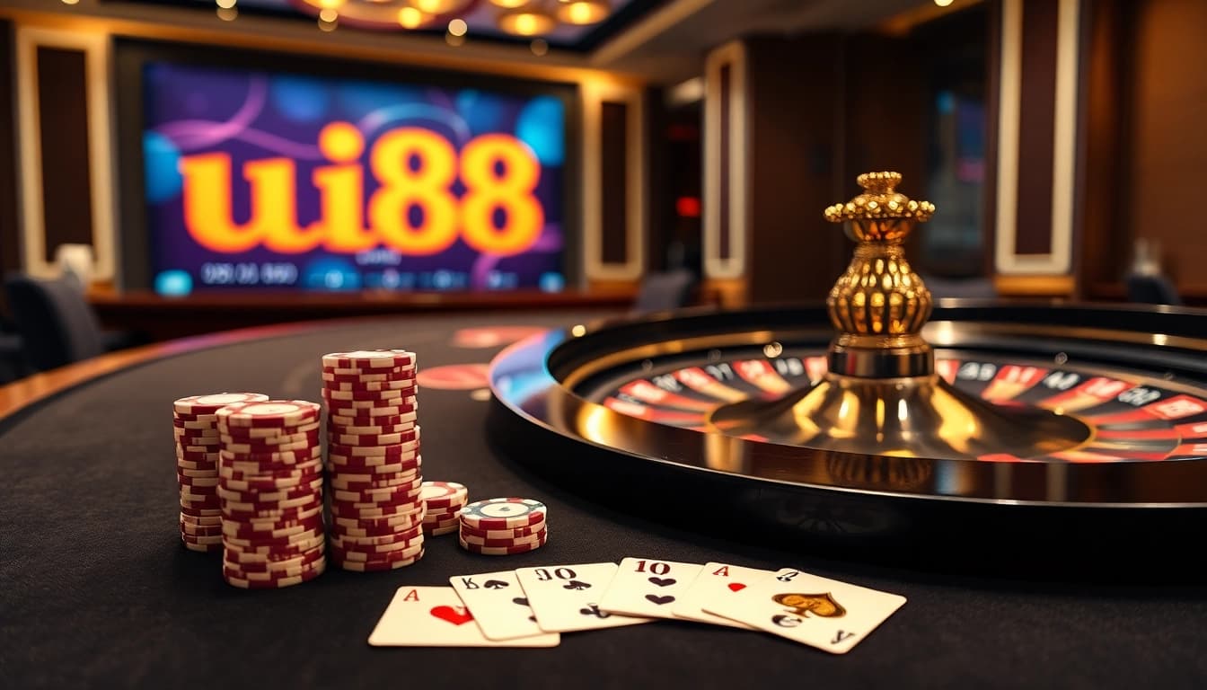 Experience the thrill of gambling at uu88, showcasing casino tables and vibrant gaming elements.