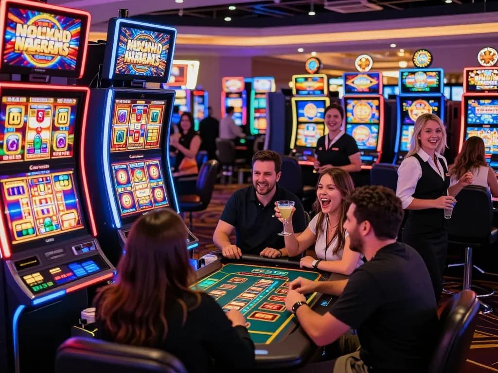 Pemain merayakan kemenangan di mesin link slot di kasino Las Vegas yang penuh warna.